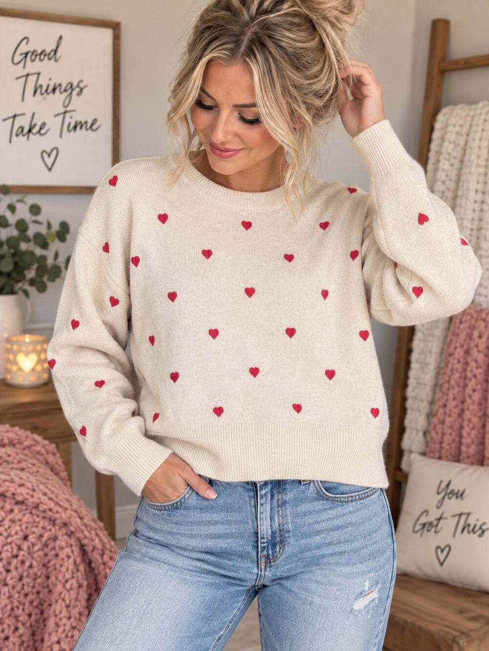 Aaron & Amber Women’s Small Cream Heart Embroidered Knit Sweater